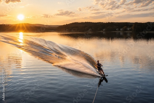 A waterskier gliding on a calm lake during the golden hour, creating a long white wake.