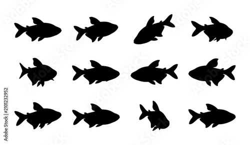 Cuadro en lienzo Set of 12 Black Fish Silhouettes, Aquatic Life Vector Icons, Marine Animal Shape
