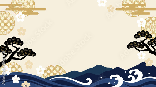 East asia traditional frame with stylized cherry blossoms mountains and waves for banner background, decorative border, asian aesthetic