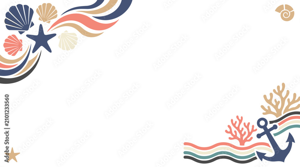 Obraz premium Nautical frame with seashells starfish coral and anchor, marine life border for stationery, summer vacation invitation template, coastal theme decor