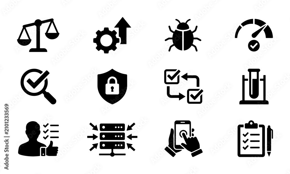 Fototapeta premium Quality Assurance Icons, Business Process Icons, Technology Icons, 12 Vector Elements for Digital Projects