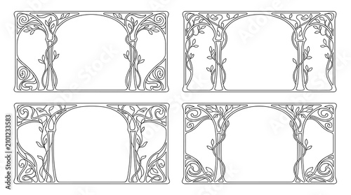 Set of decorative arch corner borders featuring intricate floral scrollwork and vintage filigree flourishes, elegant frame elements for invitations