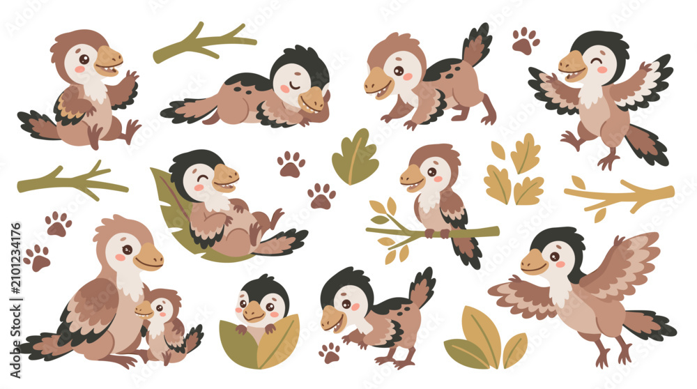 Fototapeta premium Set of cute baby dinosaur characters showing various poses and activities, playful prehistoric creatures, nature elements, fun game assets for