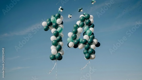 Number 14 made of green and white balloons floating in the blue sky