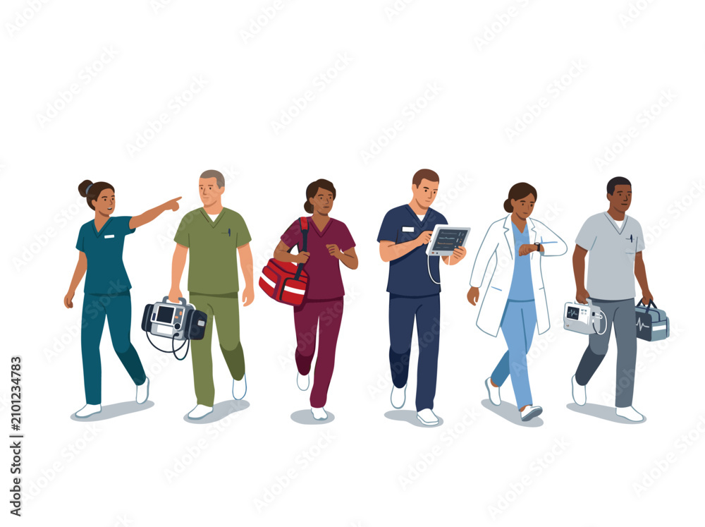 Obraz premium diverse group of medical professionals walking in hospital corridor, emergency response team in scrubs, healthcare staff coordination, clinical