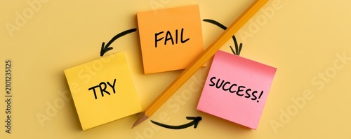 Sticky notes with try fail and success text connected by hand drawn arrows and  pencil