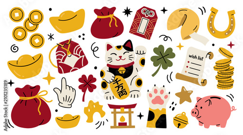 Set of lucky symbols featuring fortune cat, gold coins, red bags, horseshoe, clover, and prosperity charms for lunar new year celebrations