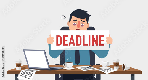 Stressed Businessman Holding Deadline Sign at Messy Desk.