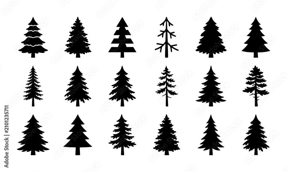 Fototapeta premium Diverse Pine Tree Silhouettes Collection, Evergreen Conifer Icons Set, Forest Woodland Vector Graphics for Nature Design