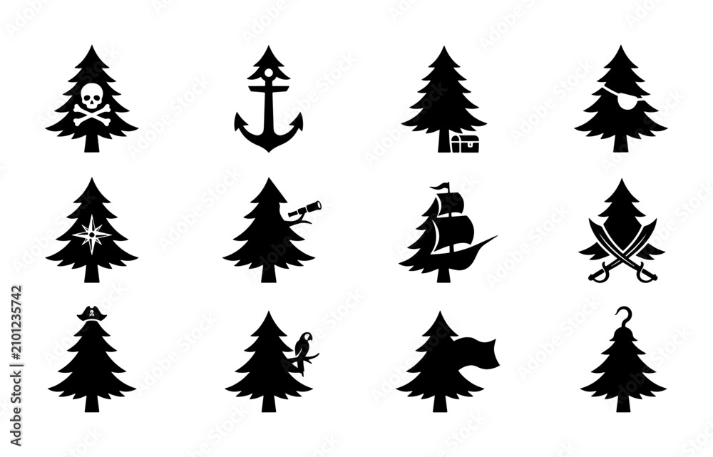 Obraz premium Pirate Christmas Tree Icons, Nautical Holiday Vector Set: Skull, Anchor, Ship, Swords, Hook, Parrot, Compass, Eye Patch, Star, Festive Maritime Symbols
