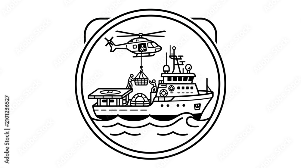 Obraz premium Creative Black and White Sketch of Offshore Oil Rig Platform with Helicopter and Support Ship with high quality professional line art symbols for modern creative design and digital branding projects