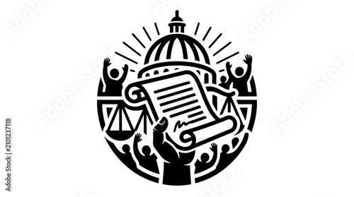 Government building, scroll, scales of justice, and crowd