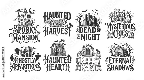 Spooky Haunted Mansion Typography Bundle with Ghosts, Bats, Gothic Halloween Lettering Black and White Vector Collection