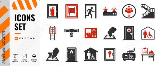 Fire Safety and Emergency Evacuation Icon Set in Modern Flat Design