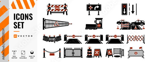 Set of Road Construction and Security Barriers Icons