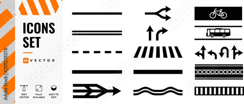 Road Markings and Traffic Signs Icon Set Vector Graphics