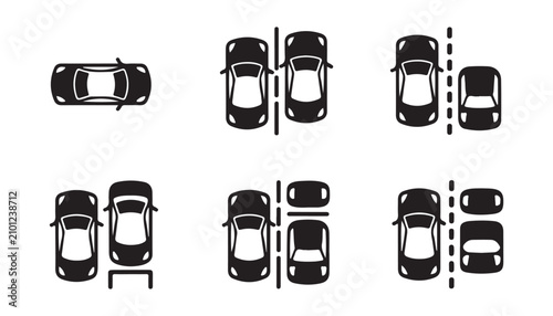 Bild auf Leinwand Top view car icons set showing vehicle parking positions and road maneuvers on transparent gray background