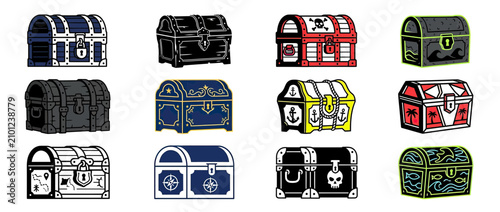 Bild auf Leinwand Collection of Decorated Treasure Chests with Nautical and Pirate Themes