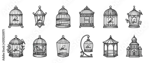 Vintage bird cages collection hand drawn sketch