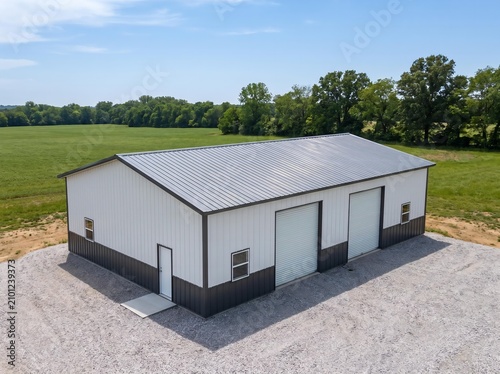 Quadro su tela 3D Illustration of Open Front Metal Barn Building in Rural Landscape