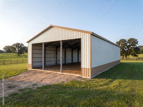 3D Illustration of Green Metal Shed Building with White Garage Door