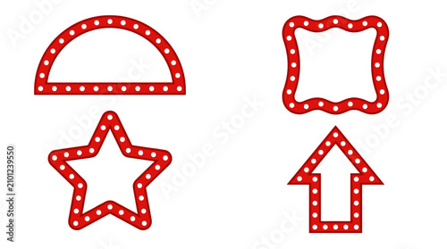 Set of retro red marquee billboard frames with glowing light bulb borders, vintage cinema sign shapes for signage, advertising displays, show posters