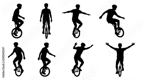 Collection of silhouette figures performing various unicycling stunts and poses, demonstrating balance and skill, isolated on a white background
