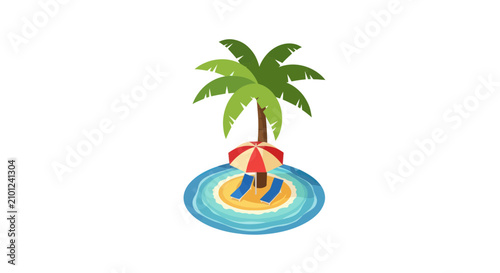 Tropical island paradise with palm tree and beach chairs