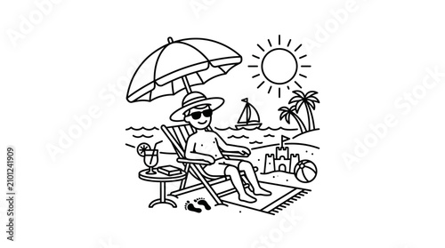 Minimalist Black and White Line Drawing of Relaxing Person on Beach with Umbrella Drink and Scenic