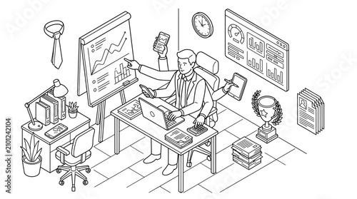 Businessman with multiple arms multitasking in a busy office