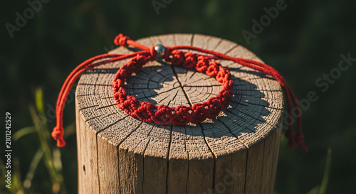 Red Handmade Macrame Bracelet on Wooden Log in Nature