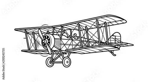 Bild auf Leinwand Industrial Black and White Line Drawing of a Classic Biplane Aircraft with Detai