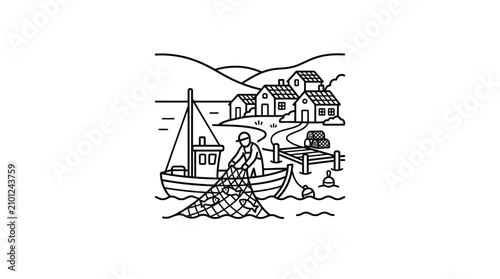 Obraz na płótnie Industrial Black and White Line Drawing of Coastal Village with Fisherman Haulin