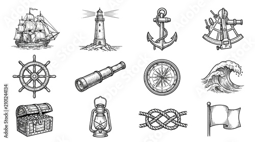 Nautical icons and ship symbols.