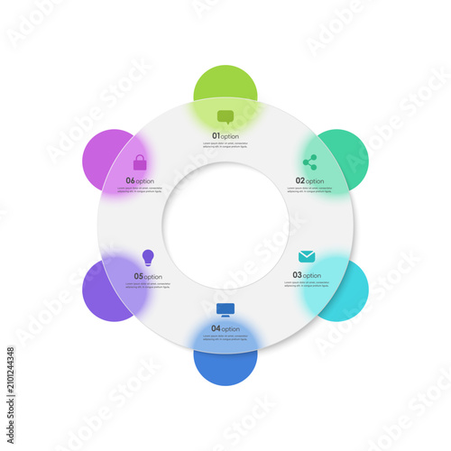 Matte transparent glass ring with circular elements. Business infographic mockup. Pie chart with 6 segments or sections