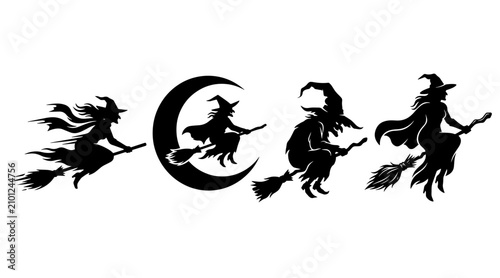 Konstfotografi A collection of black silhouettes depicting witches flying on broomsticks against a crescent moon on white background