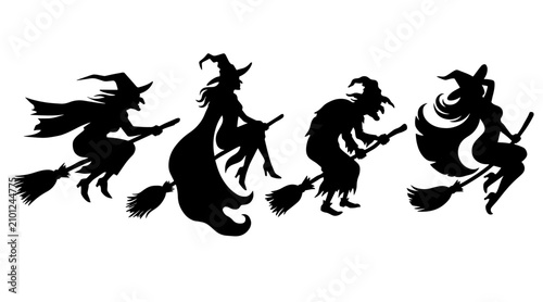 Tableau sur toile A collection of black witch silhouettes flying on broomsticks isolated on a clean white background for design projects