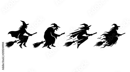 Foto A set of four black silhouettes depicting witches flying on broomsticks against a clean white background