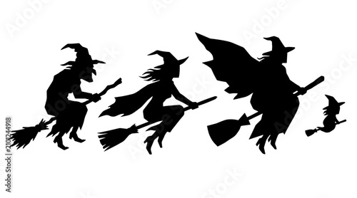 Konstfotografi A collection of black silhouettes depicting various witches flying on broomsticks against a plain white background