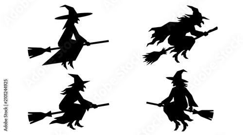 Fotografie A collection of four distinct witch silhouettes depicted in flight on broomsticks against a plain background