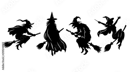 Schilderij op canvas A collection of black silhouettes featuring witches flying on broomsticks isolated on a clean white background