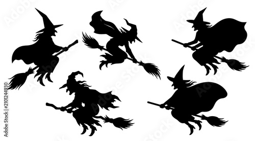 Tableau sur toile A set of five black silhouettes showing witches flying on broomsticks against a plain white background