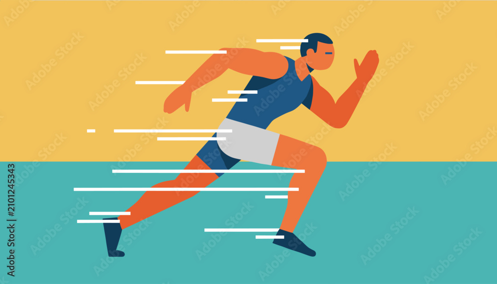 Obraz premium Powerful athlete in a blue tank top sprinting at high speed with white motion lines over a vibrant yellow and turquoise background.