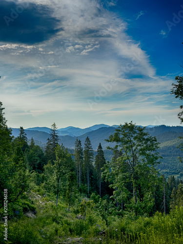 Sunny Carpathian peaks: green valleys and cloudy skies.