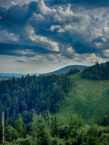 Sunny Carpathian peaks: green valleys and cloudy skies.