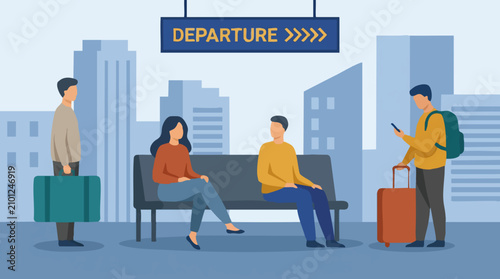 Flat illustration of people waiting for departure at a transport station