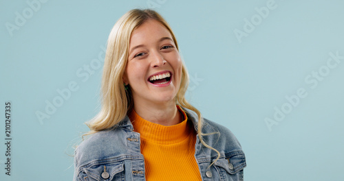 Bild auf Leinwand Wellness, portrait and happy woman in studio with laugh, positive attitude or feel good with confidence