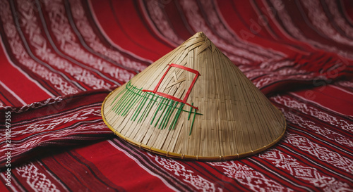 Traditional conical straw hat on red ethnic patterned textile