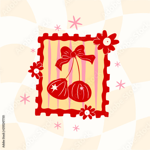 Hand Drawn Retro Cherry Seashell Postage Stamp with Bow, Vintage Fruit Stamp Illustration, Checkered Background, Cherry Clipart, Summer Fruit Design, Retro Aesthetic