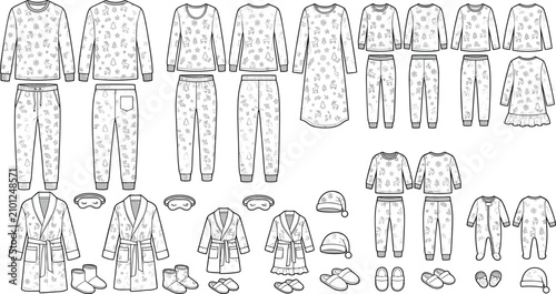 Christmas family pajamas technical flat sketch collection featuring holiday loungewear robes and winter sleepwear vectors